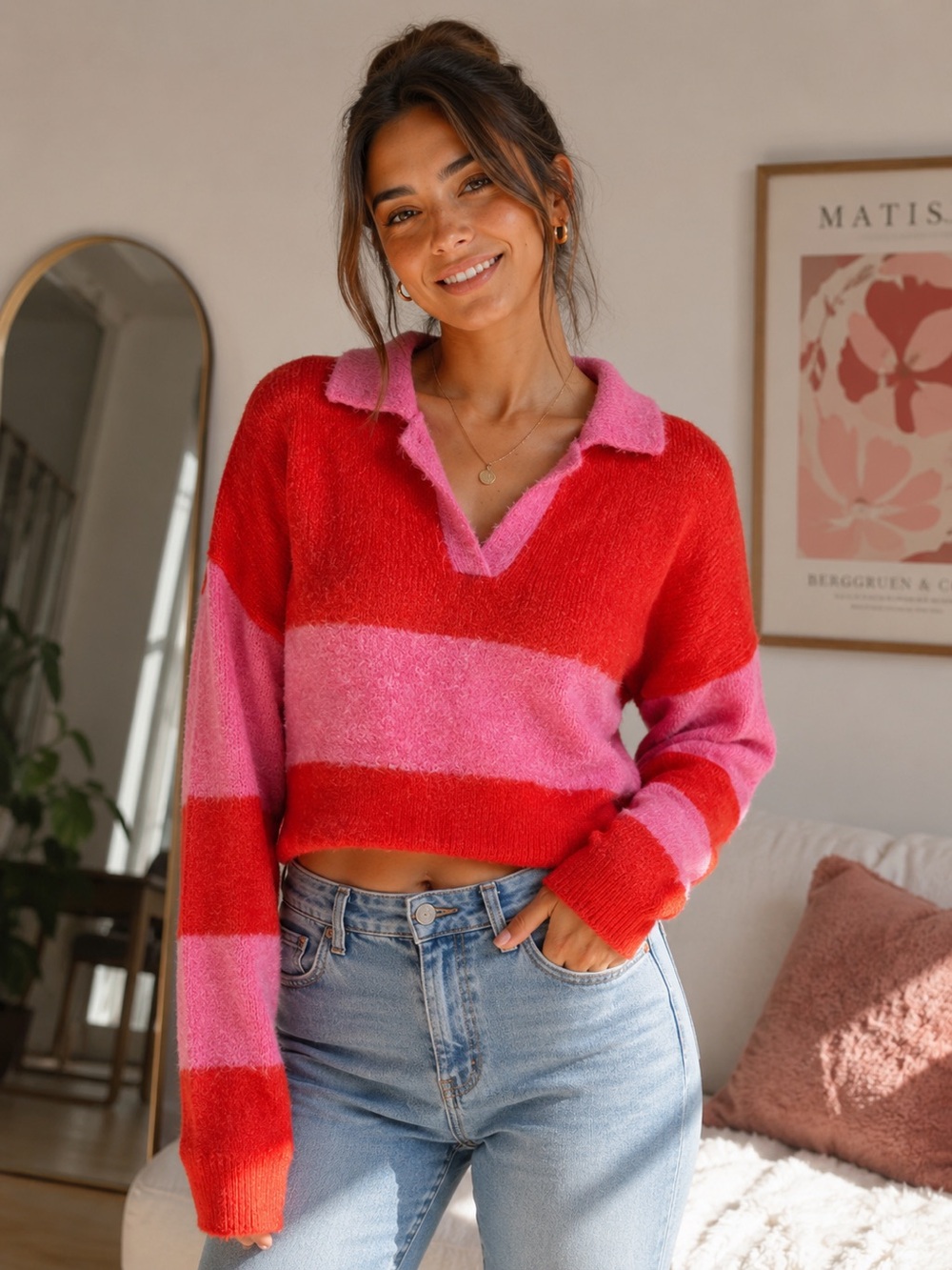 Cozy Red and Pink Striped V-Neck Sweater with Collar